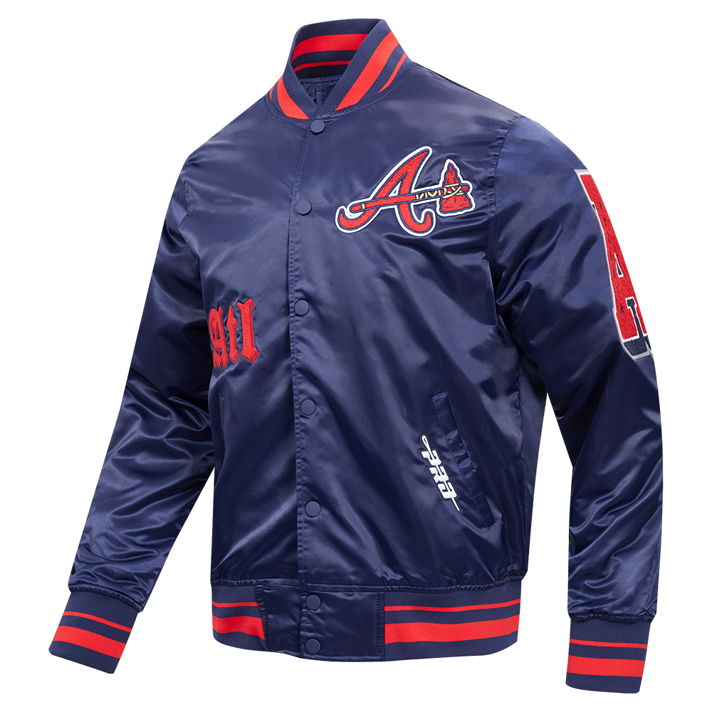 Pro Standard Men's MLB Atlanta Braves Old English Rib Satin Varsity Jacket - Navy/Red - NAVY/RED Thumbnail View 3