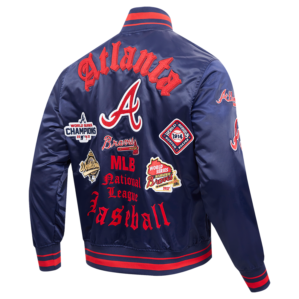 Pro Standard Men's MLB Atlanta Braves Old English Rib Satin Varsity Jacket - Navy/Red - NAVY/RED Thumbnail View 4