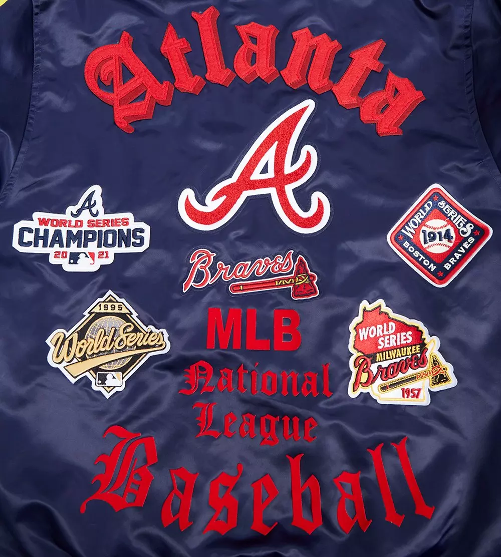 Pro Standard Men's MLB Atlanta Braves Old English Rib Satin Varsity Jacket -Navy/Red - NAVY/RED