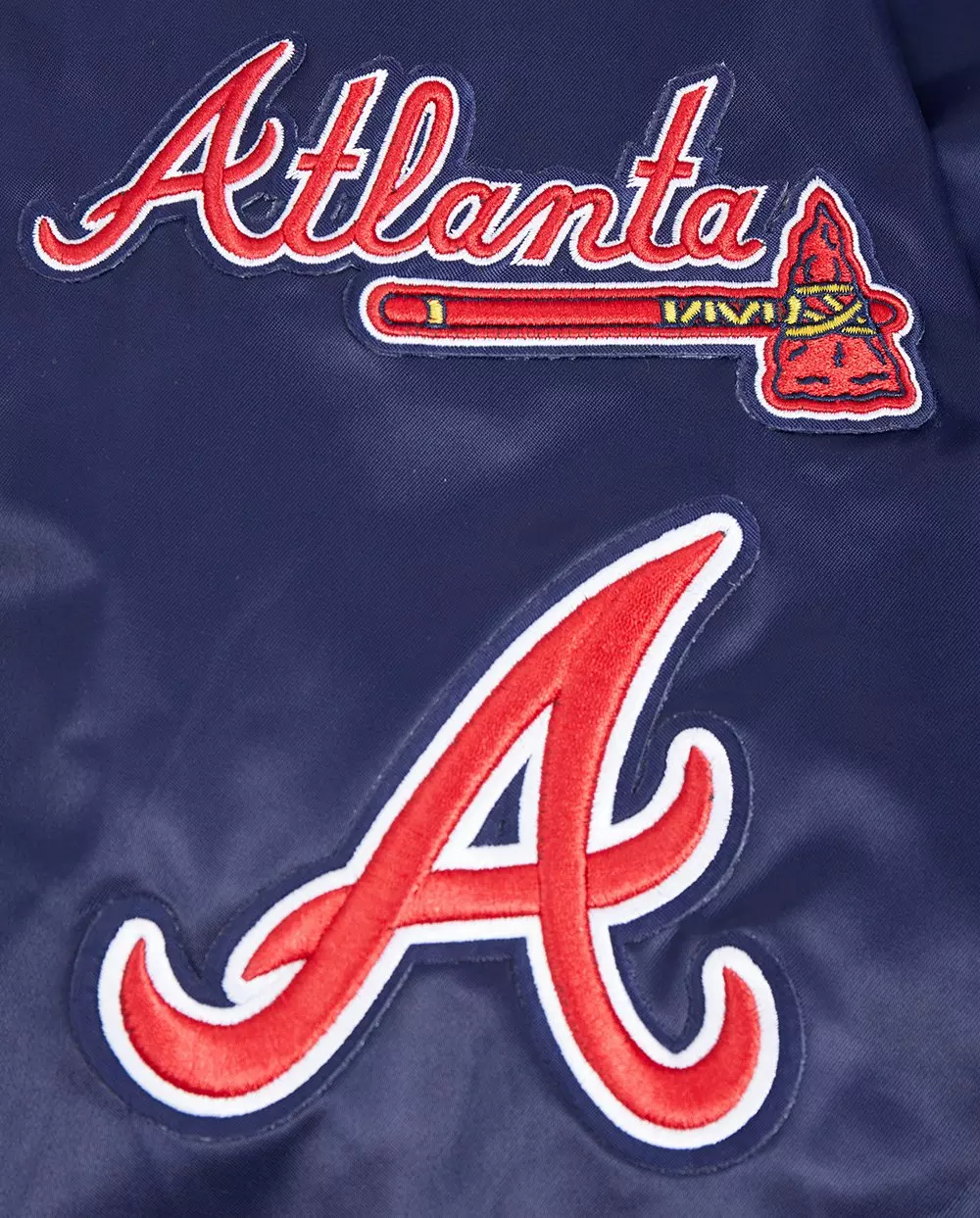 Pro Standard Men's MLB Atlanta Braves Old English Rib Satin Varsity Jacket -Navy/Red - NAVY/RED