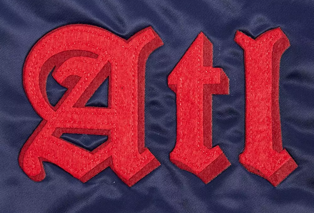 Pro Standard Men's MLB Atlanta Braves Old English Rib Satin Varsity Jacket - Navy/Red - NAVY/RED