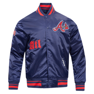 Pro Standard Men's MLB Atlanta Braves Old English Rib Satin Varsity Jacket -Navy/Red