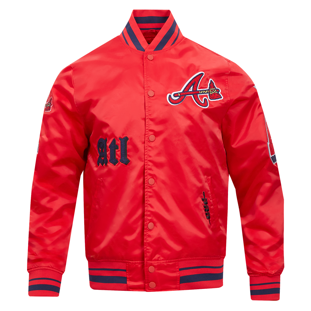 Pro Standard Men's MLB Atlanta Braves Old English Rib Satin Varsity Jacket -Red/Navy - RED/NAVY Thumbnail View 1