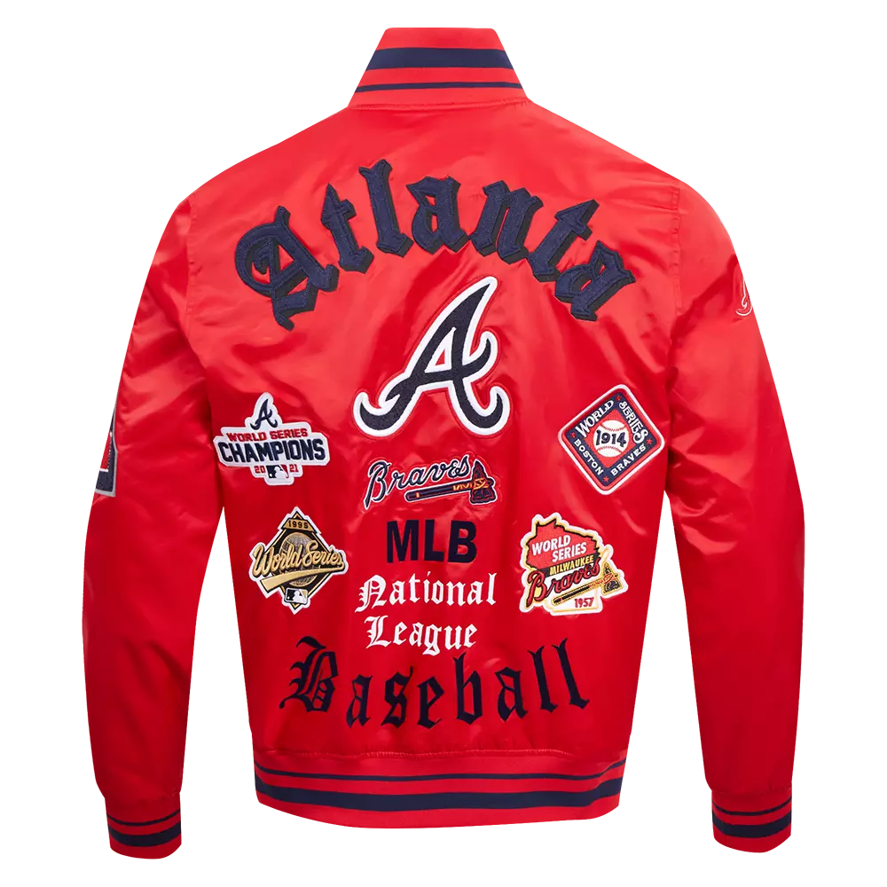 Pro Standard Men's MLB Atlanta Braves Old English Rib Satin Varsity Jacket -Red/Navy - RED/NAVY