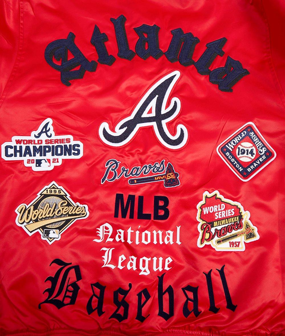 Pro Standard Men's MLB Atlanta Braves Old English Rib Satin Varsity Jacket - Red/Navy - RED/NAVY Thumbnail View 6