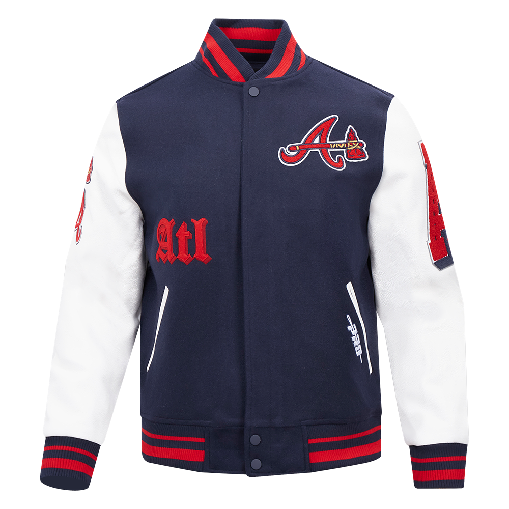 Pro Standard Men's MLB Atlanta Braves Old English Rib Wool Varsity Jacket -Navy/Red - NAVY/RED Thumbnail View 1