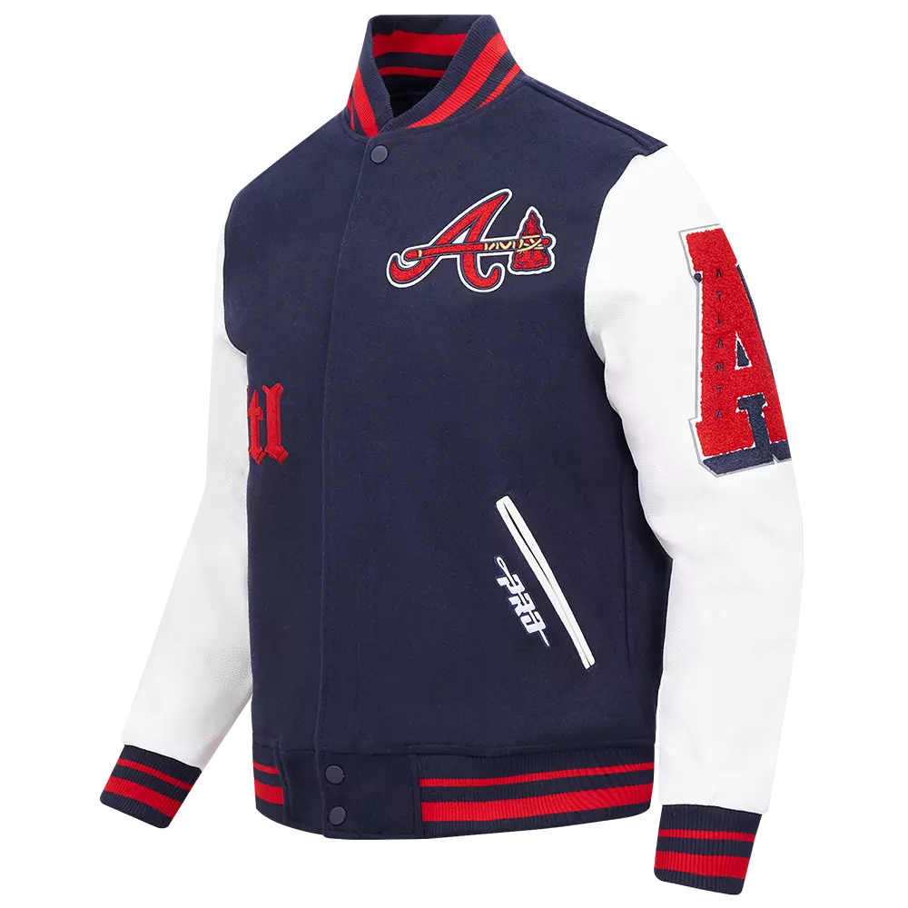 Pro Standard Men's MLB Atlanta Braves Old English Rib Wool Varsity Jacket - Navy/Red - NAVY/RED