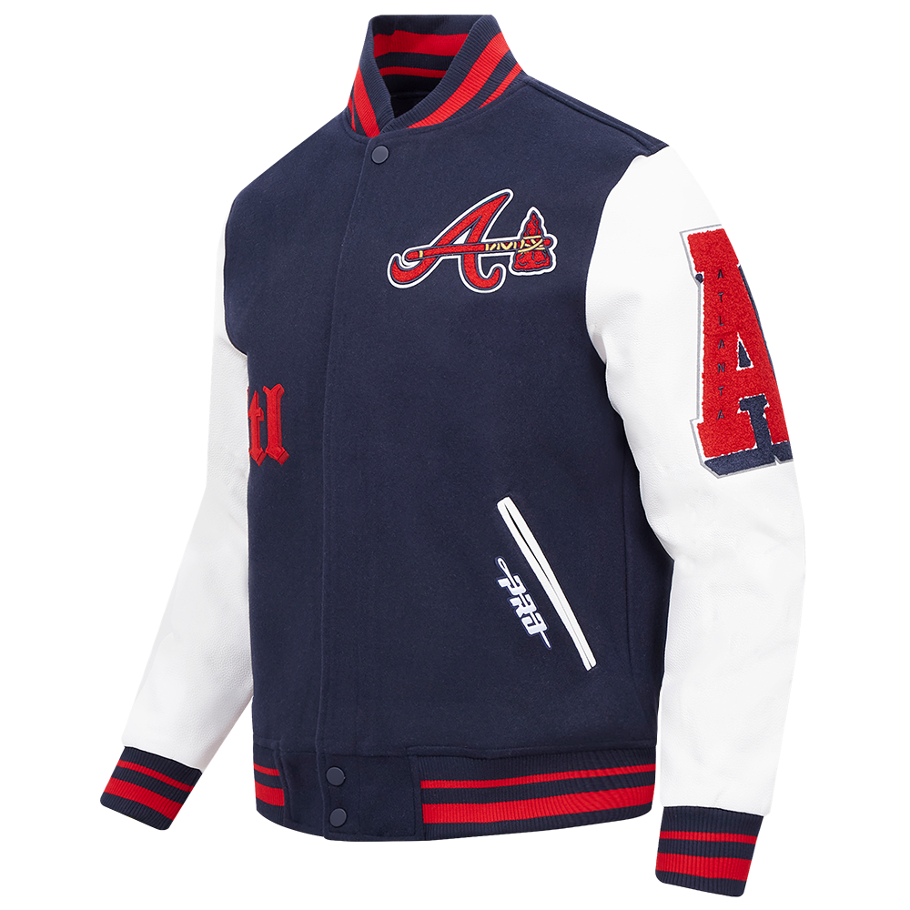 Pro Standard Men's MLB Atlanta Braves Old English Rib Wool Varsity Jacket -Navy/Red - NAVY/RED Thumbnail View 3