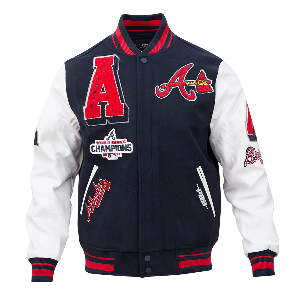 Pro Standard Men's MLB Atlanta Braves Mashup Rib Wool Varsity Jacket -Navy/Red - NAVY/RED Thumbnail View 1