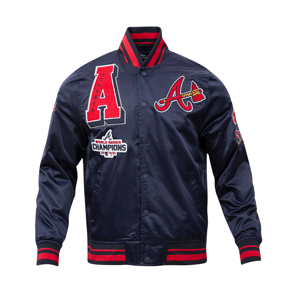 Pro Standard Men's MLB Atlanta Braves Mashup Rib Satin Jacket - Navy/Red - NAVY/RED Thumbnail View 1