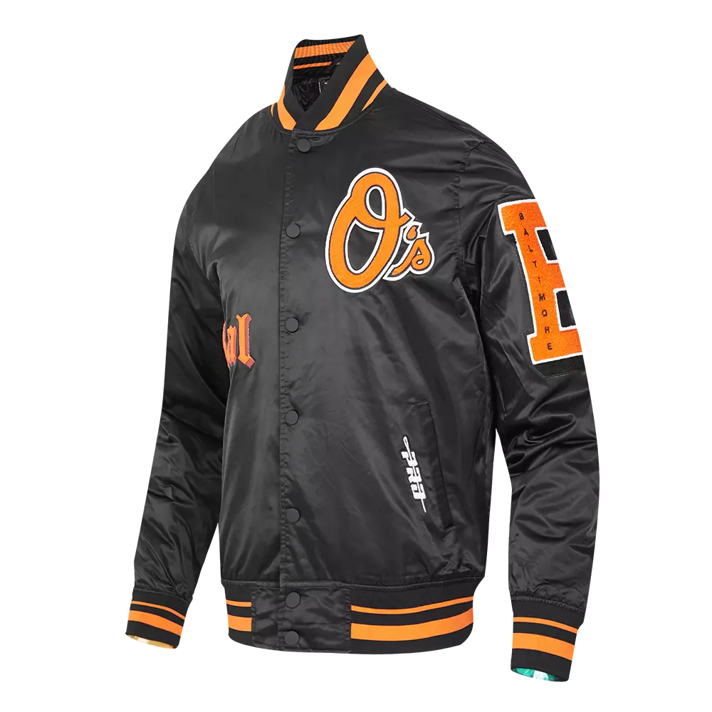 Pro Standard Men's MLB Baltimore Orioles Old English Rib Satin Varsity Jacket - Black/Orange - BLACK/ORANGE
