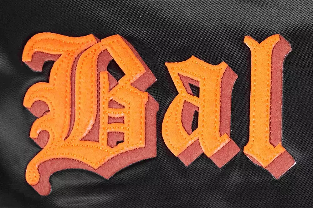 Pro Standard Men's MLB Baltimore Orioles Old English Rib Satin Varsity Jacket -Black/Orange - BLACK/ORANGE