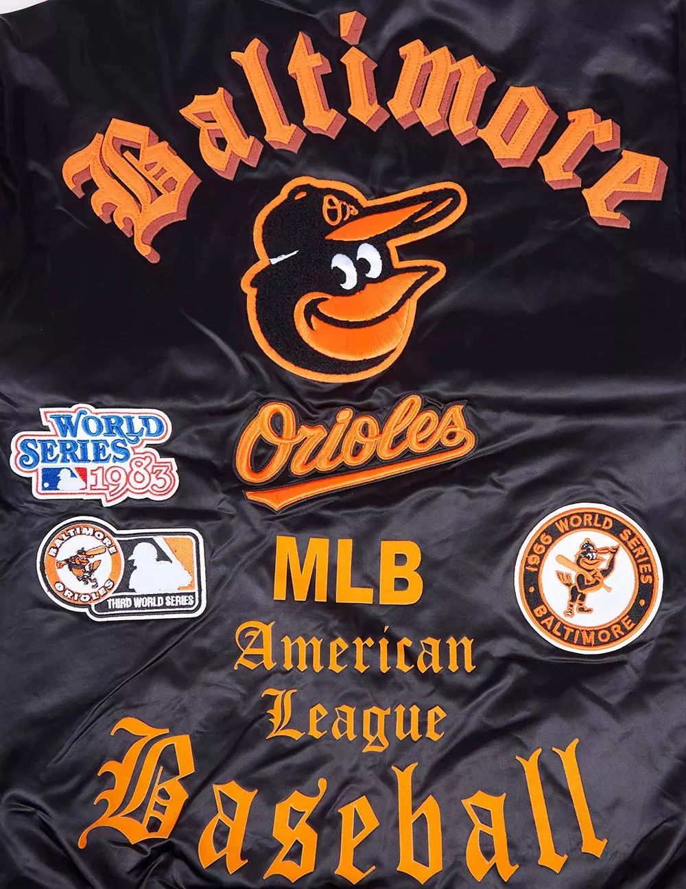 Pro Standard Men's MLB Baltimore Orioles Old English Rib Satin Varsity Jacket -Black/Orange - BLACK/ORANGE