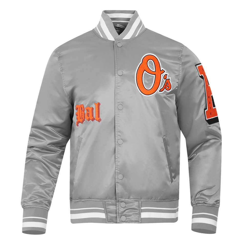 Pro Standard Men's MLB Baltimore Orioles Old English Rib Satin Varsity Jacket - Grey - GREY Thumbnail View 1