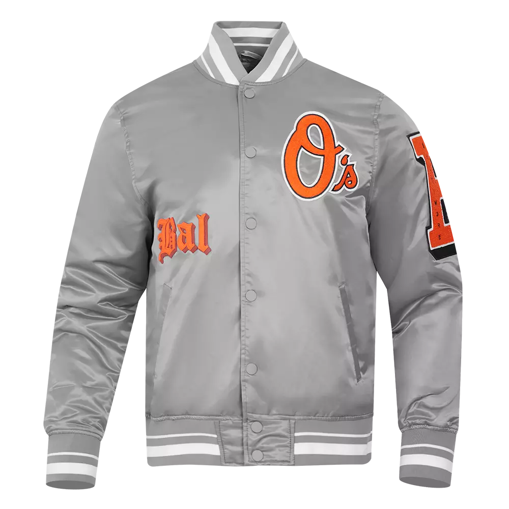 Pro Standard Men's MLB Baltimore Orioles Old English Rib Satin Varsity Jacket - Grey - GREY