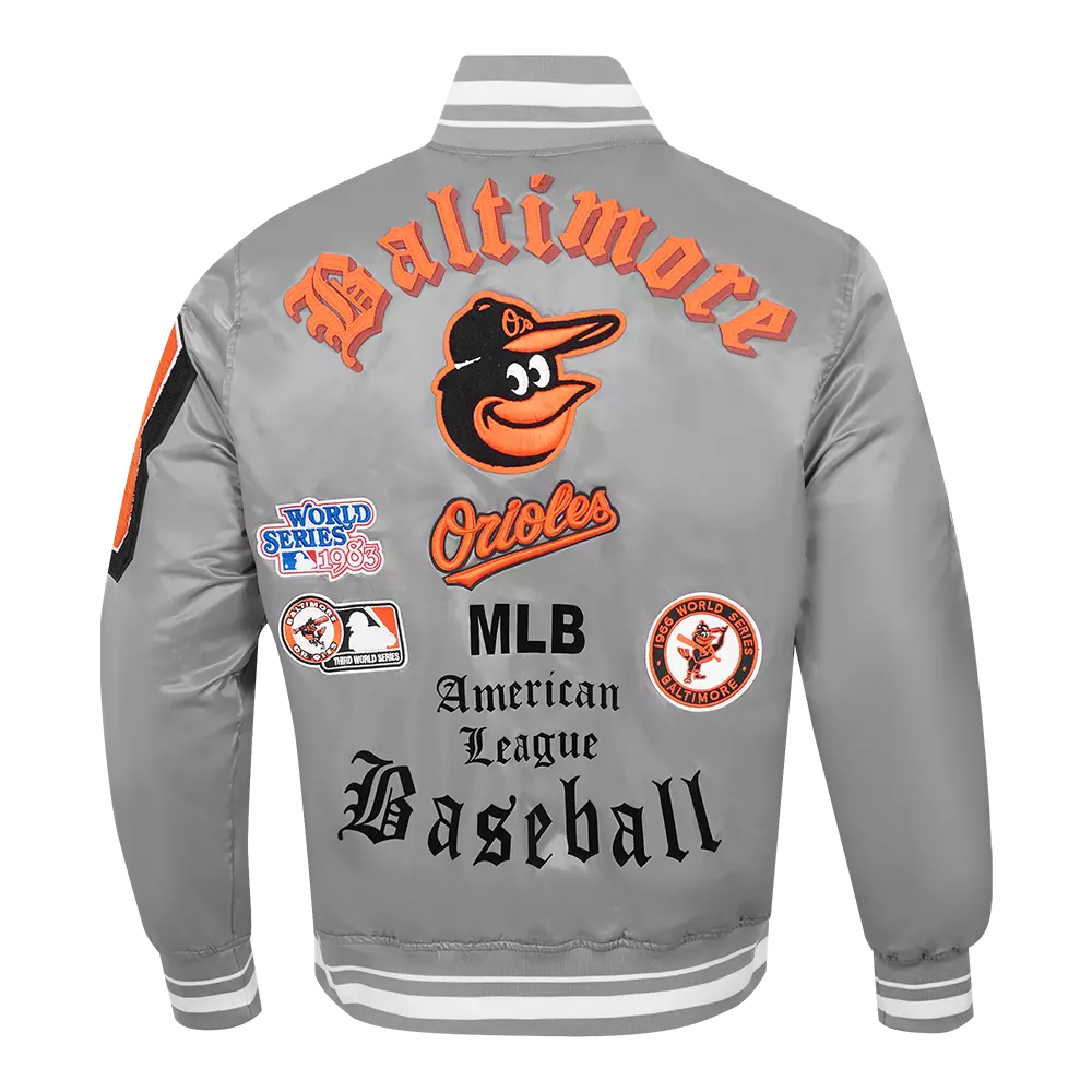 Pro Standard Men's MLB Baltimore Orioles Old English Rib Satin Varsity Jacket -Grey - GREY