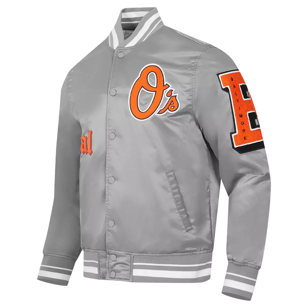 Pro Standard Men's MLB Baltimore Orioles Old English Rib Satin Varsity Jacket - Grey - GREY