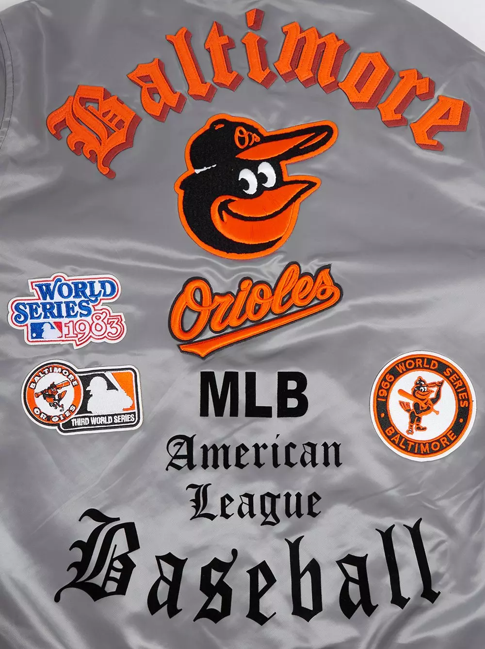 Pro Standard Men's MLB Baltimore Orioles Old English Rib Satin Varsity Jacket - Grey - GREY