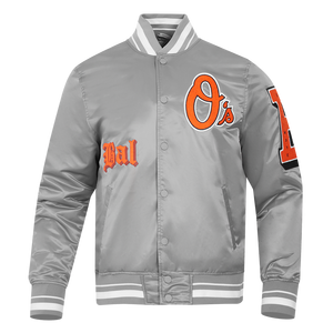 Pro Standard Men's MLB Baltimore Orioles Old English Rib Satin Varsity Jacket -Grey