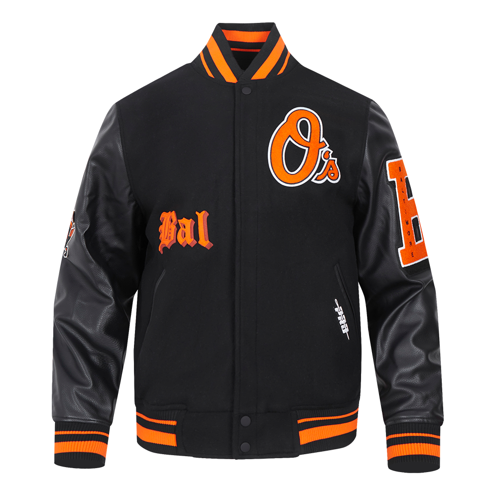 Pro Standard Men's MLB Baltimore Orioles Classic Old English Rib Wool Varsity Jacket  - Black/Orange - BLACK/ORANGE Thumbnail View 1