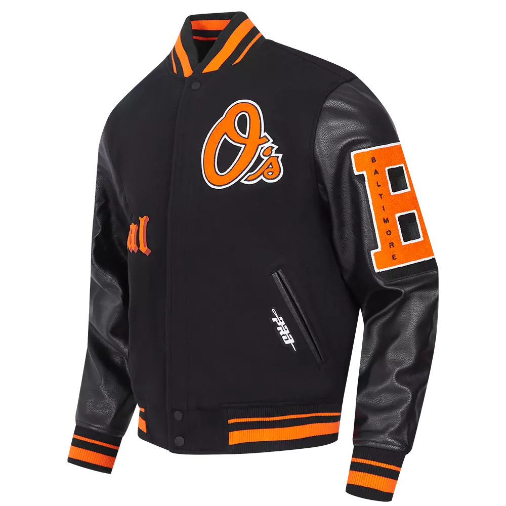 Pro Standard Men's MLB Baltimore Orioles Classic Old English Rib Wool Varsity Jacket  - Black/Orange - BLACK/ORANGE