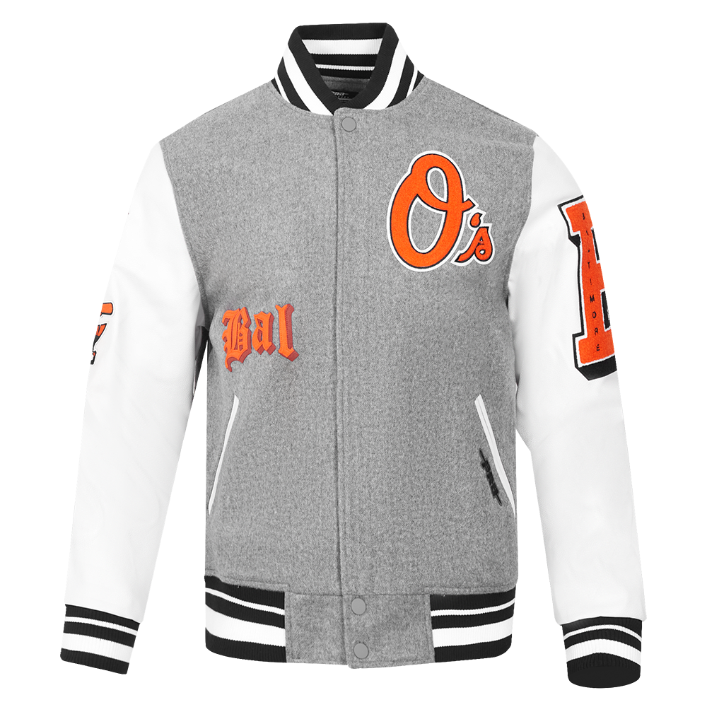 Pro Standard Men's MLB Baltimore Orioles Classic Old English Rib Wool Varsity Jacket -Grey/White - GREY/WHITE Thumbnail View 1