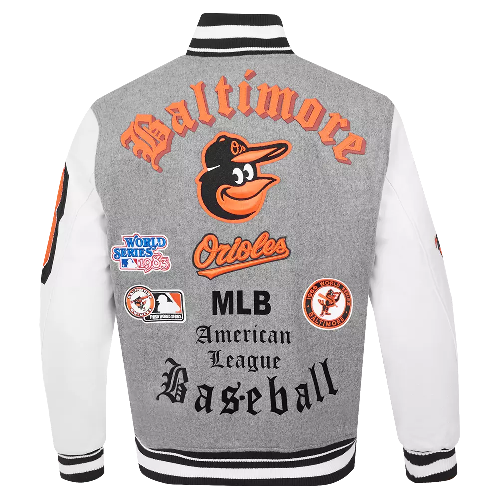 Pro Standard Men's MLB Baltimore Orioles Classic Old English Rib Wool Varsity Jacket -Grey/White - GREY/WHITE
