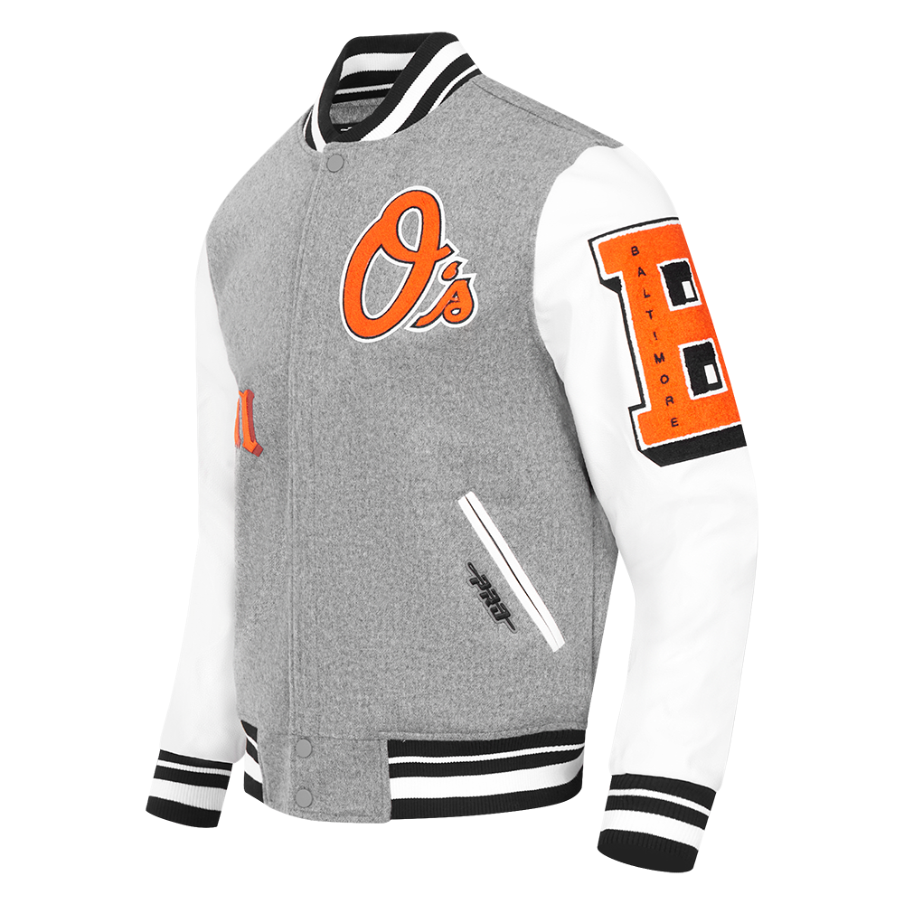 Pro Standard Men's MLB Baltimore Orioles Classic Old English Rib Wool Varsity Jacket - Grey/White - GREY/WHITE Thumbnail View 3