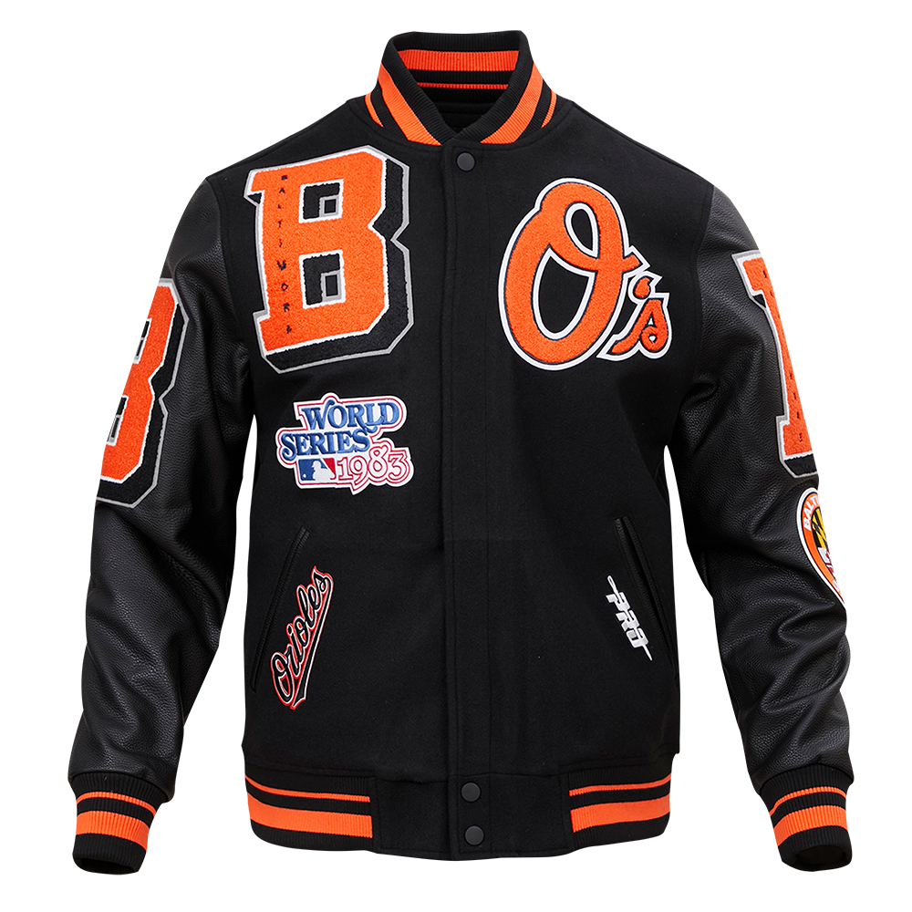 Pro Standard Men's MLB Baltimore Orioles Mashup Rib Wool Varsity Jacket - Black/Orange - BLACK/ORANGE Thumbnail View 1