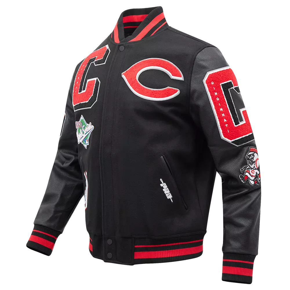 Pro Standard Men's MLB Cincinnati Reds Mashup Rib Wool Varsity Jacket - Black/Red - BLACK/RED