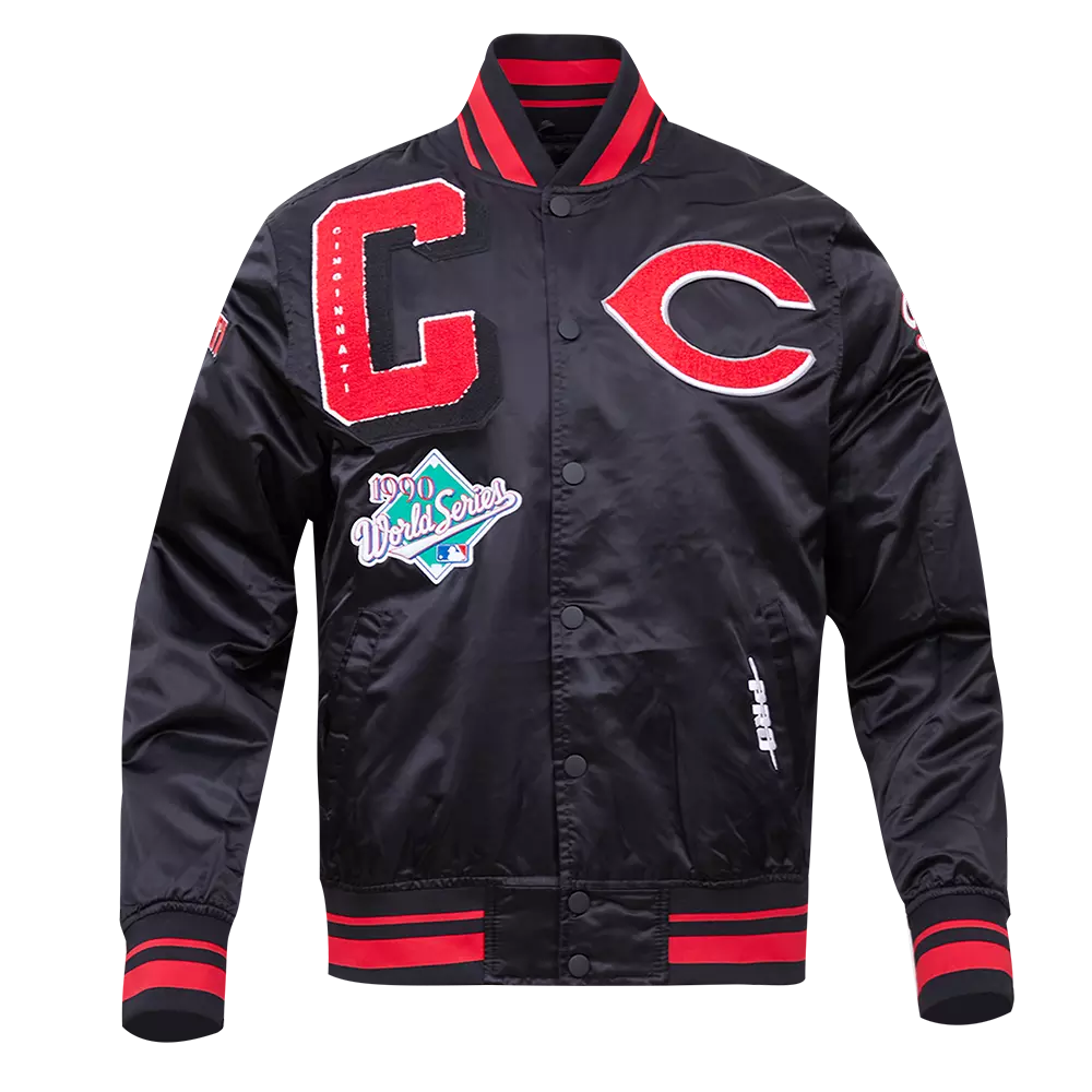 Pro Standard Men's MLB Cincinnati Reds Mashup Rib Satin Jacket - Black/Red - BLACK/RED