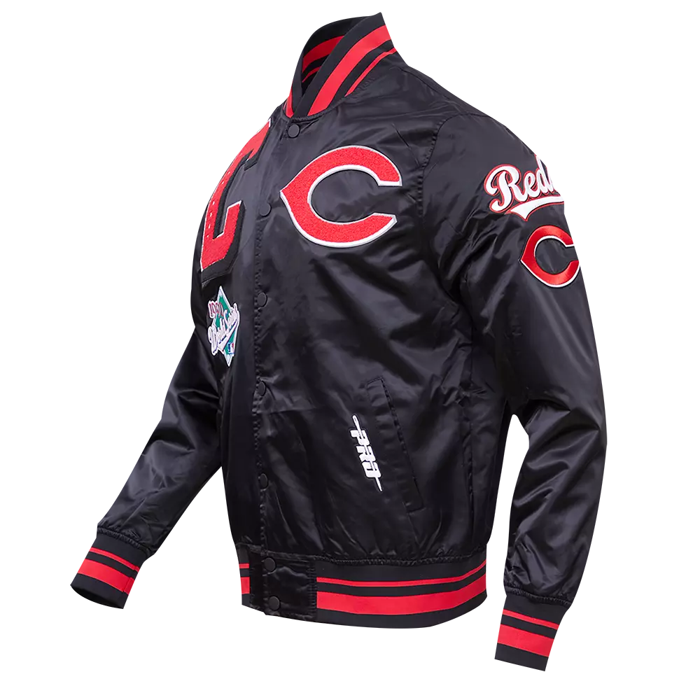 Pro Standard Men's MLB Cincinnati Reds Mashup Rib Satin Jacket - Black/Red - BLACK/RED