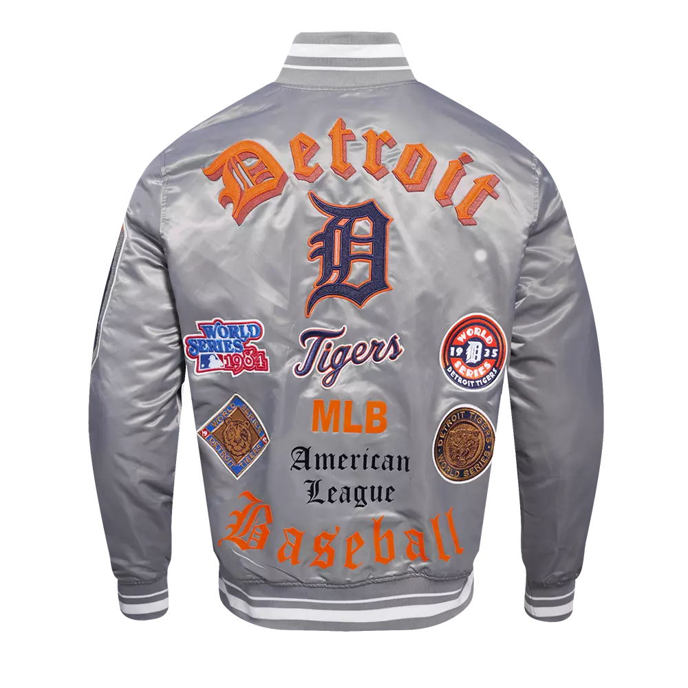 Pro Standard Men's MLB Detroit Tigers Old English Rib Satin Varsity Jacket -Grey - GREY