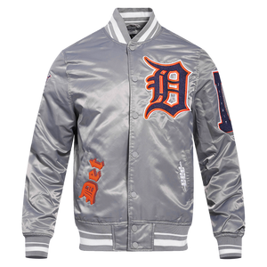 Pro Standard Men's MLB Detroit Tigers Old English Rib Satin Varsity Jacket -Grey