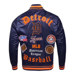 Pro Standard Men's MLB Detroit Tigers Old English Rib Satin Varsity Jacket -Navy/Orange
