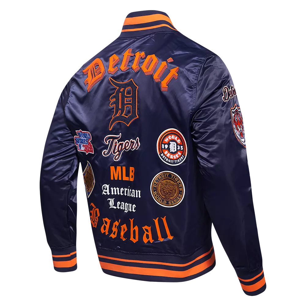 Pro Standard Men's MLB Detroit Tigers Old English Rib Satin Varsity Jacket - Navy/Orange - NAVY/ORANGE