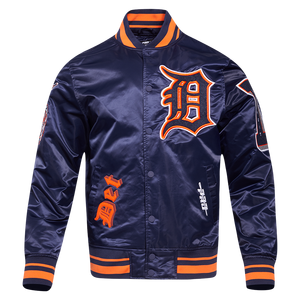 Pro Standard Men's MLB Detroit Tigers Old English Rib Satin Varsity Jacket -Navy/Orange