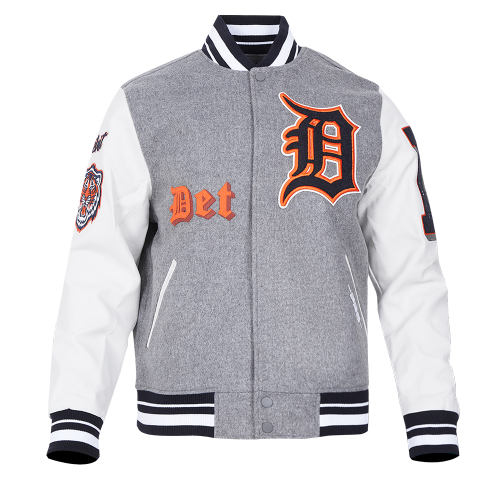 Pro Standard Men's MLB Detroit Tigers Old English Rib Wool Varsity Jacket - Grey/White - GREY/WHITE Thumbnail View 1