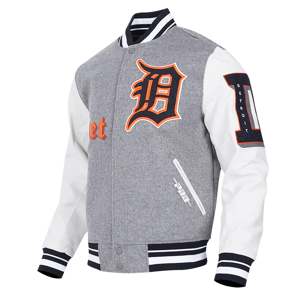 Pro Standard Men's MLB Detroit Tigers Old English Rib Wool Varsity Jacket -Grey/White - GREY/WHITE Thumbnail View 3