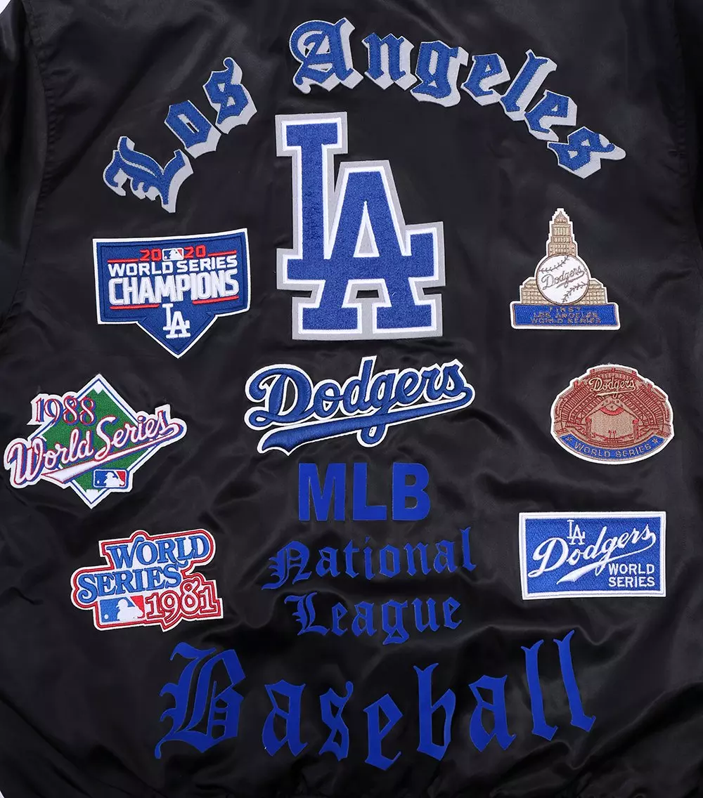 Pro Standard Men's MLB Los Angeles Dodgers Old English Rib Satin Varsity Jacket -Black/Blue - BLACK/BLUE