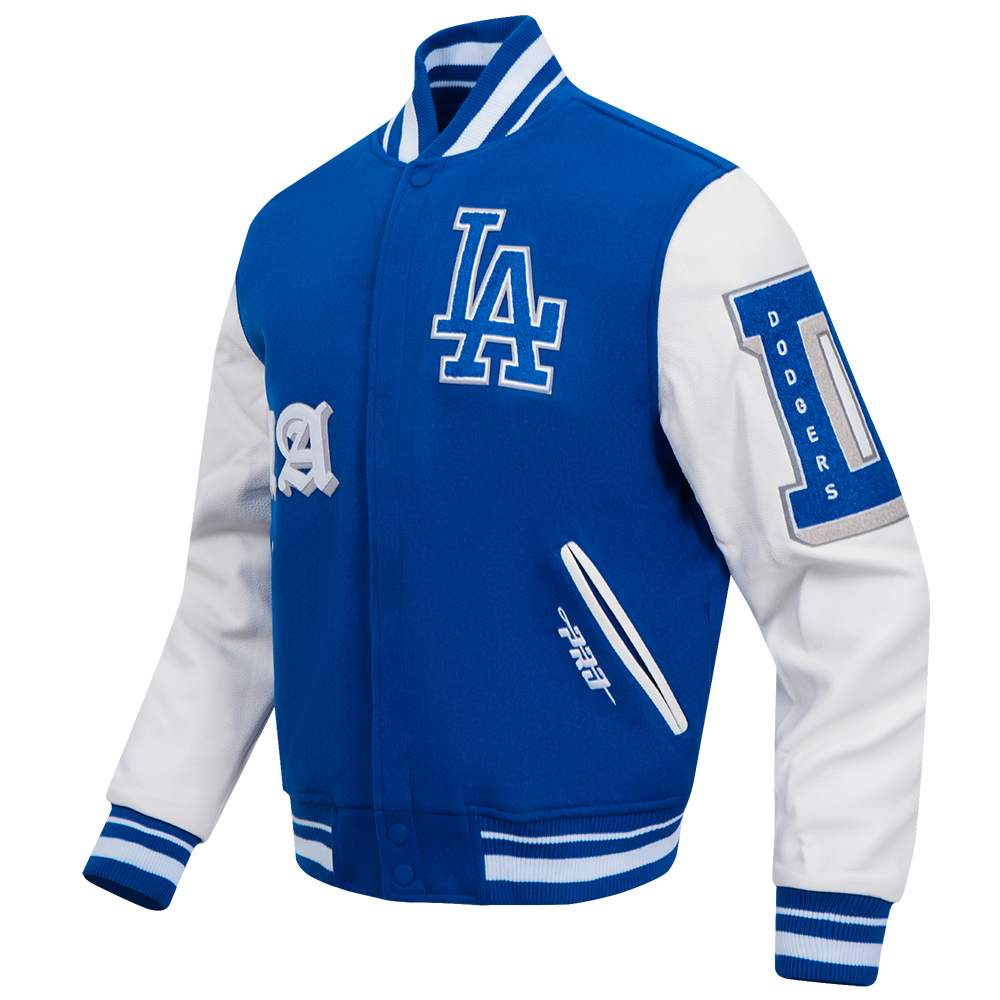 Pro Standard Men's MLB Los Angeles Dodgers Old English Rib Wool Varsity Jacket - Blue/White - BLUE/WHITE Thumbnail View 3