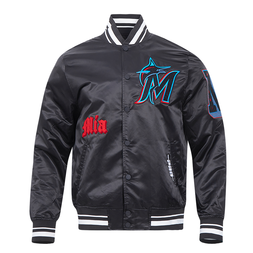 Pro Standard Men's MLB Miami Marlins Old English Rib Satin Varsity Jacket -Black - BLACK Thumbnail View 1