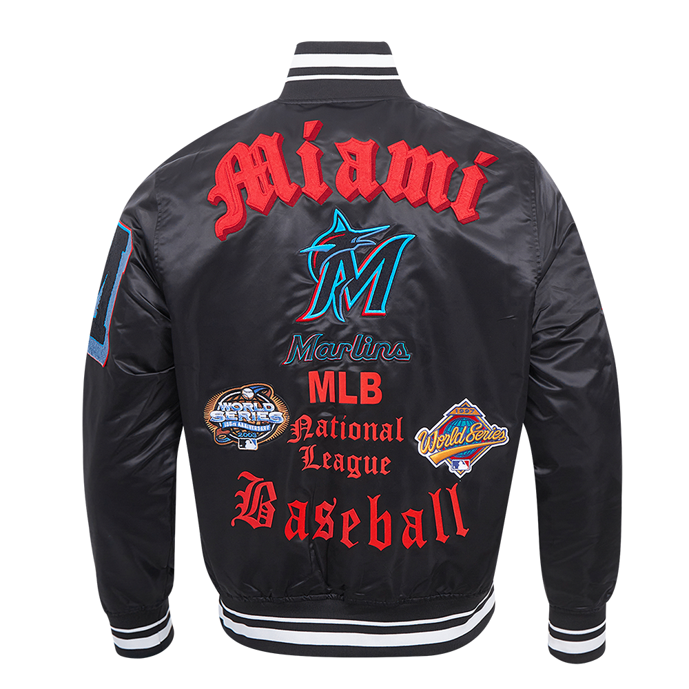 Pro Standard Men's MLB Miami Marlins Old English Rib Satin Varsity Jacket -Black - BLACK Thumbnail View 2