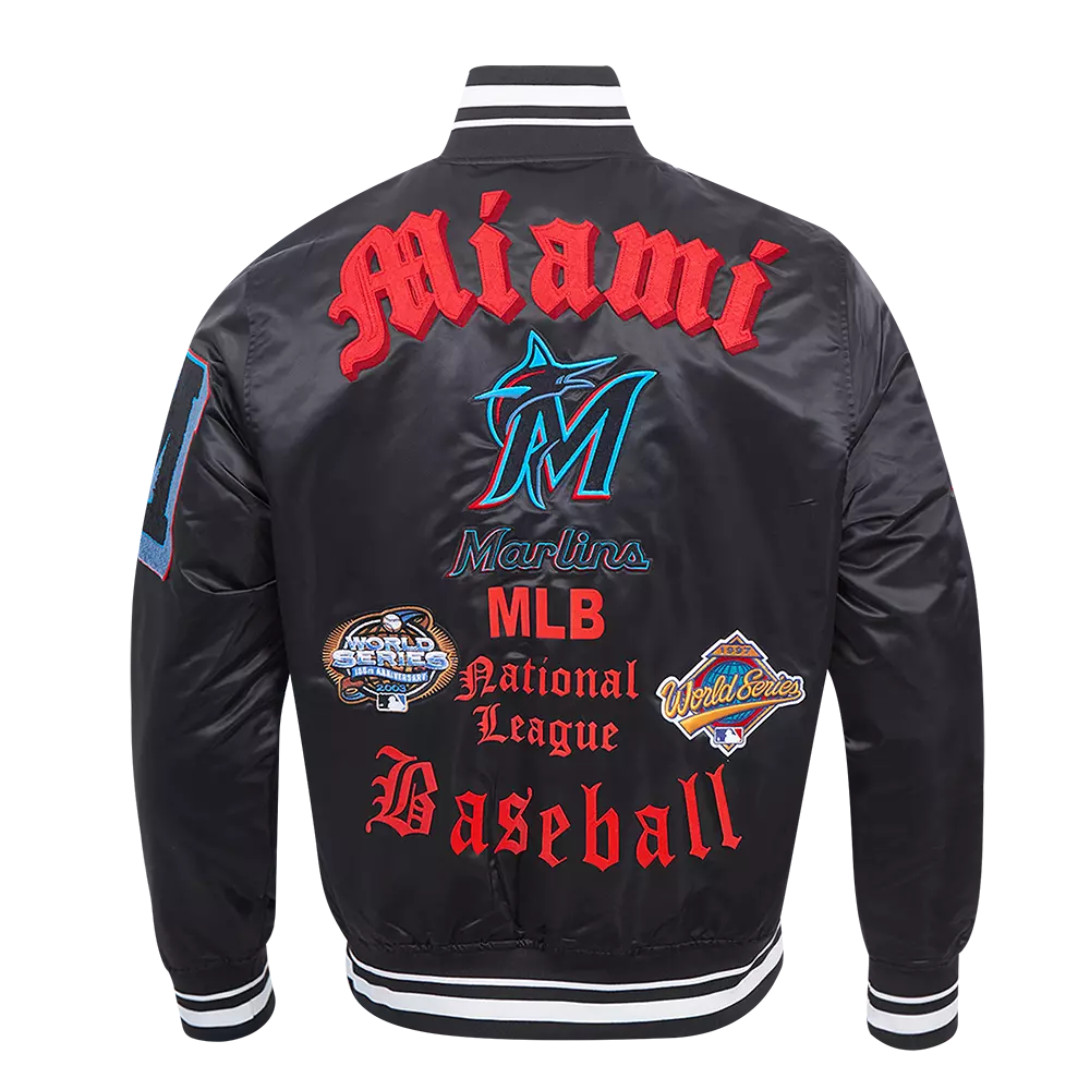 Pro Standard Men's MLB Miami Marlins Old English Rib Satin Varsity Jacket -Black - BLACK