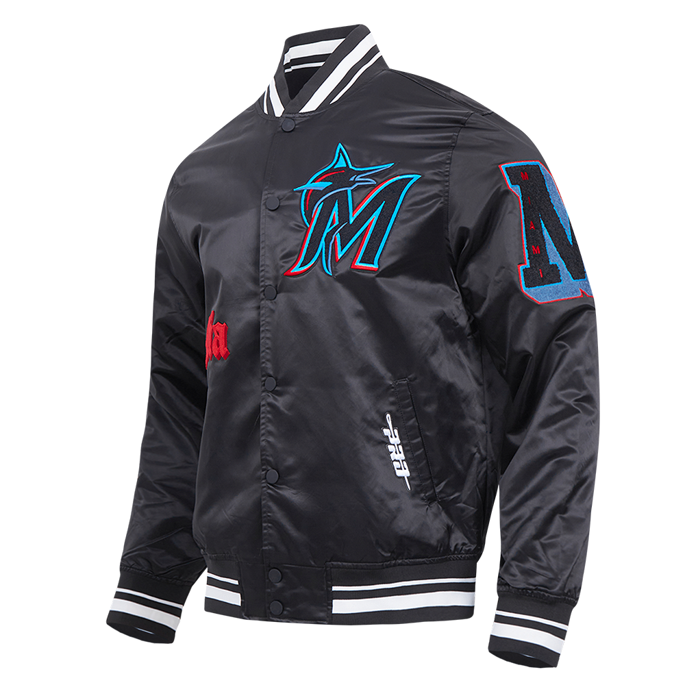 Pro Standard Men's MLB Miami Marlins Old English Rib Satin Varsity Jacket -Black - BLACK Thumbnail View 3