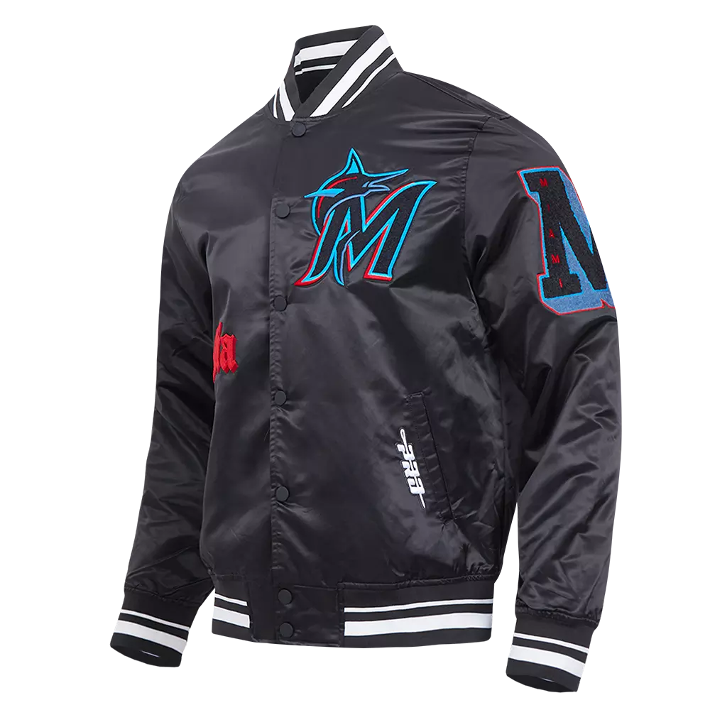 Pro Standard Men's MLB Miami Marlins Old English Rib Satin Varsity Jacket -Black - BLACK