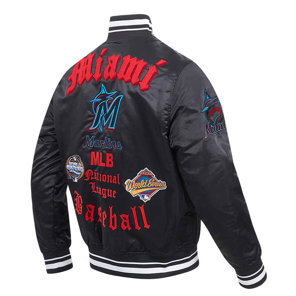 Pro Standard Men's MLB Miami Marlins Old English Rib Satin Varsity Jacket -Black - BLACK Thumbnail View 4