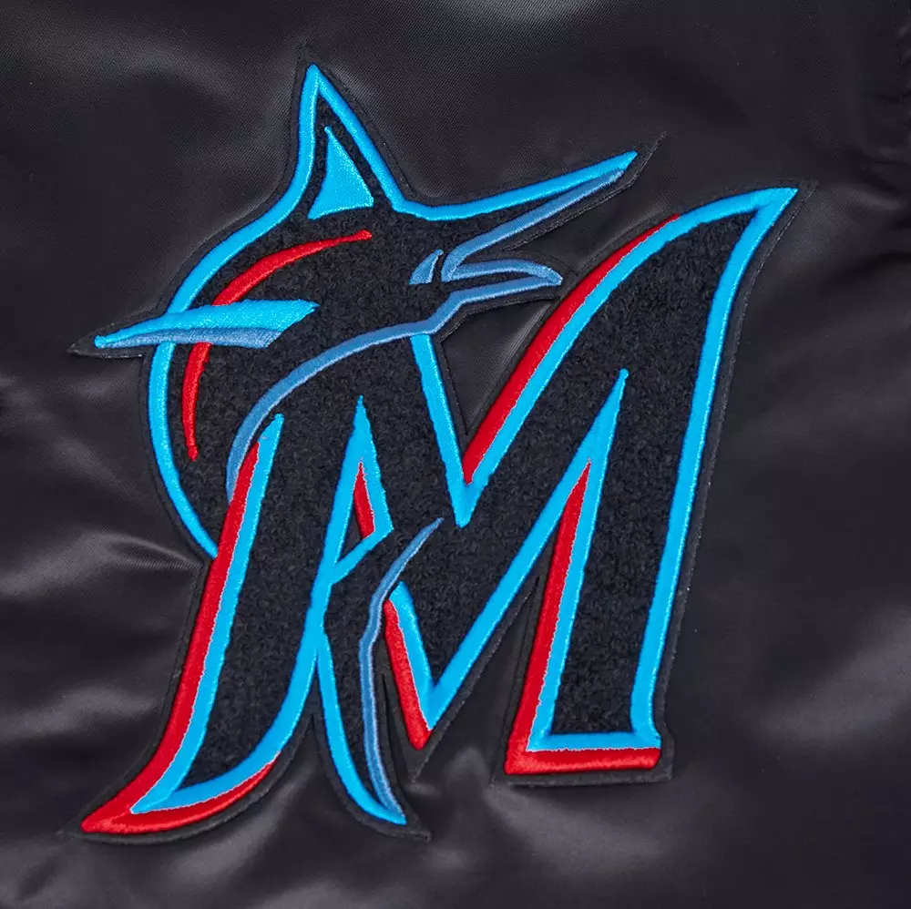 Pro Standard Men's MLB Miami Marlins Old English Rib Satin Varsity Jacket -Black - BLACK