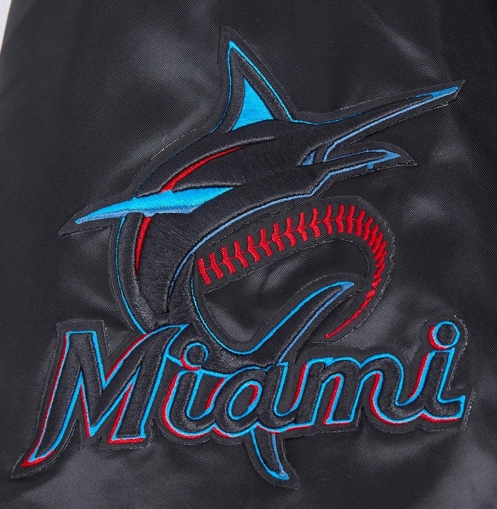 Pro Standard Men's MLB Miami Marlins Old English Rib Satin Varsity Jacket -Black - BLACK Thumbnail View 7