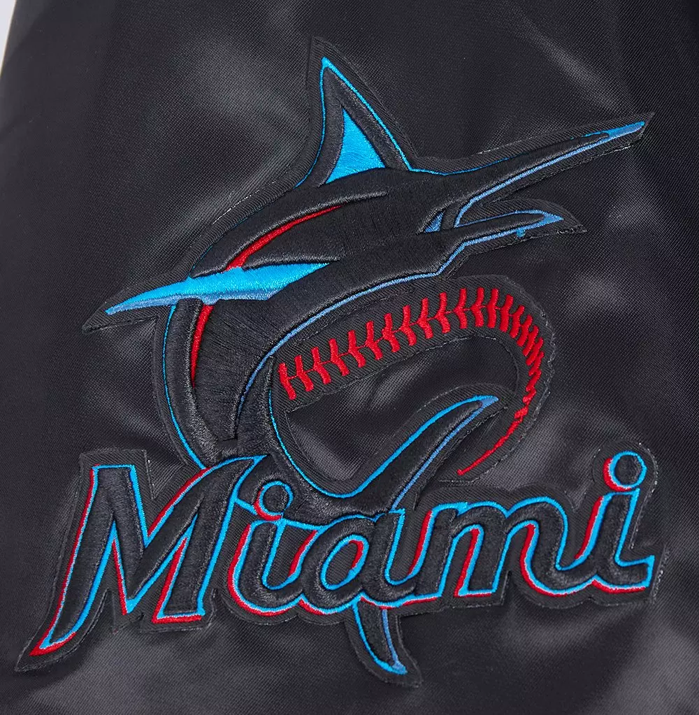 Pro Standard Men's MLB Miami Marlins Old English Rib Satin Varsity Jacket -Black - BLACK